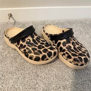CROCS Leopard Print Clog with Black Strap and Cream Sole